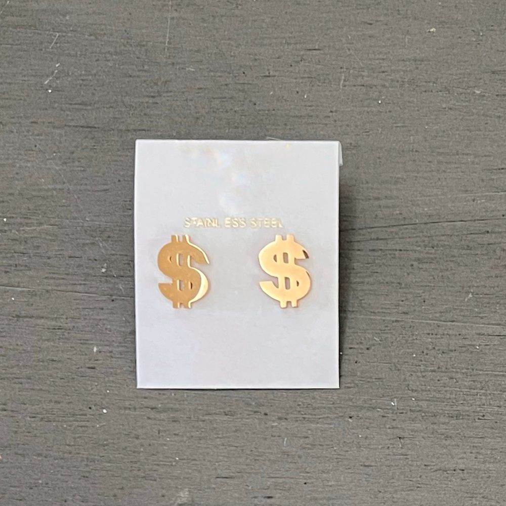 Dollar Sign Money Currency Humor Prosperity Gold Stainless Steel 1/2” Earrings